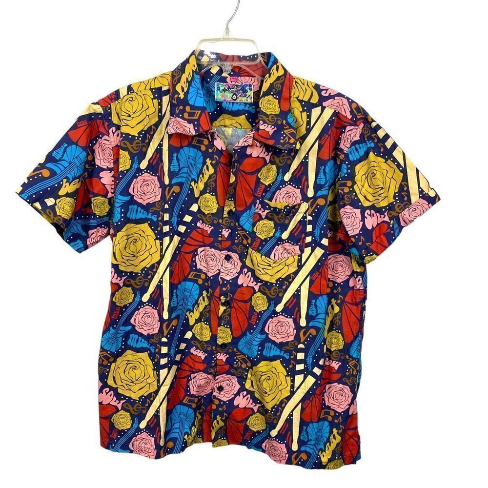 MADCAP ENGLAND MOD 60s RETRO Vintage Music Bass Guitar Graphic Button Up Short S